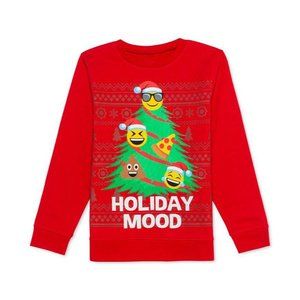 #65 Hybrid Apparel Big Boys Holiday Emoji Tree Sweatshirt